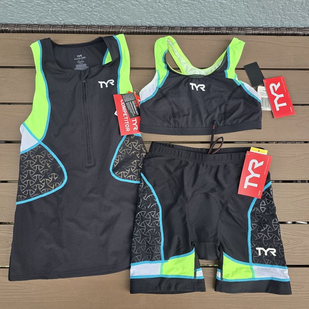 TYR Women Black/lime Triathlon Trisuit Bra Tank (S) 6 in Padded Shorts (XS) New